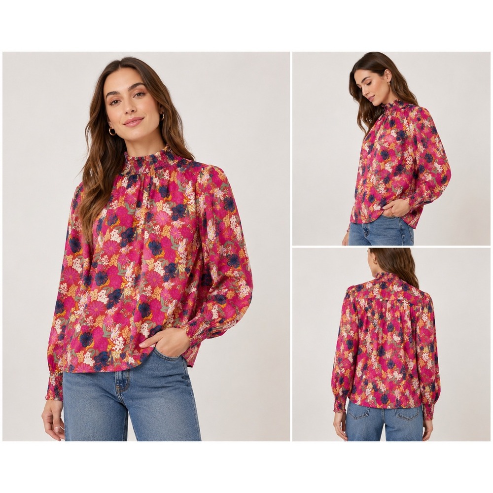 FRNCH‎ Paris 100% Viscose Cambria Floral Blouse XS Pink Smocked Mock Neck